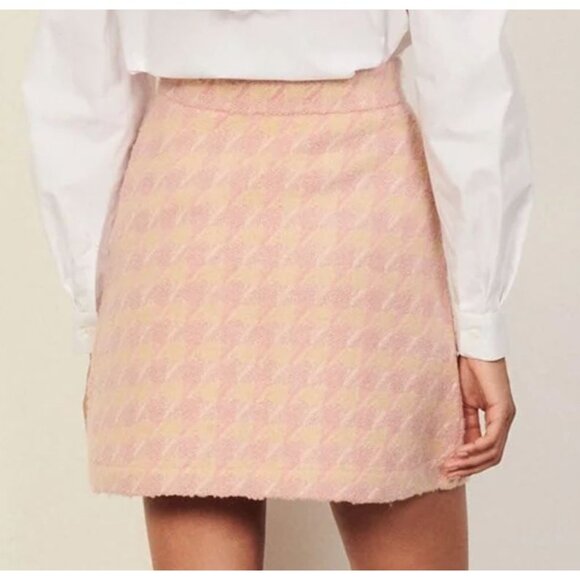 Sandro Pink Louisa Houndstooth Jacquard-Knit Cotton Mini Skirt Size 1 Small Wool - Picture 2 of 8